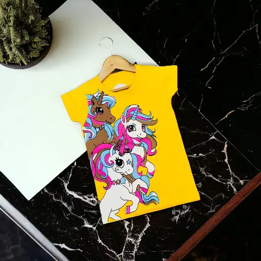 Girls T-Shirts 100% Cotton Bio-Washed (Yellow Unicorns)