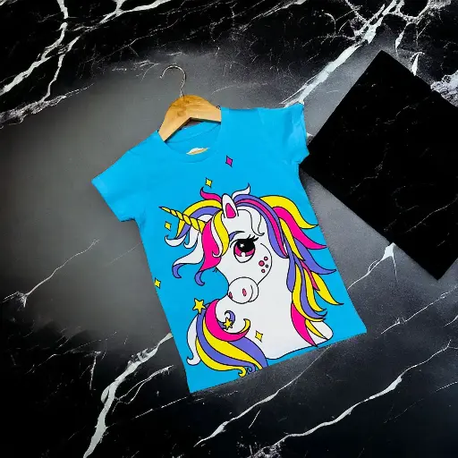 Girls T-Shirts 100% Cotton Bio-Washed (Blue Unicorn)