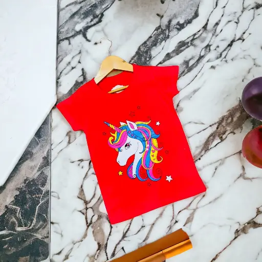 Girls T-Shirts 100% Cotton Bio-Washed (Red Unicorn)
